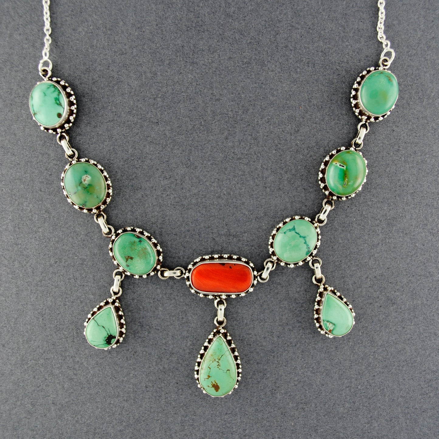 Sterling Silver Nepali Coral and Turquoise Necklace