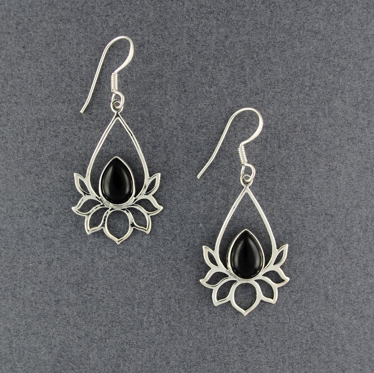 Sterling Silver Onyx Lotus Earrings