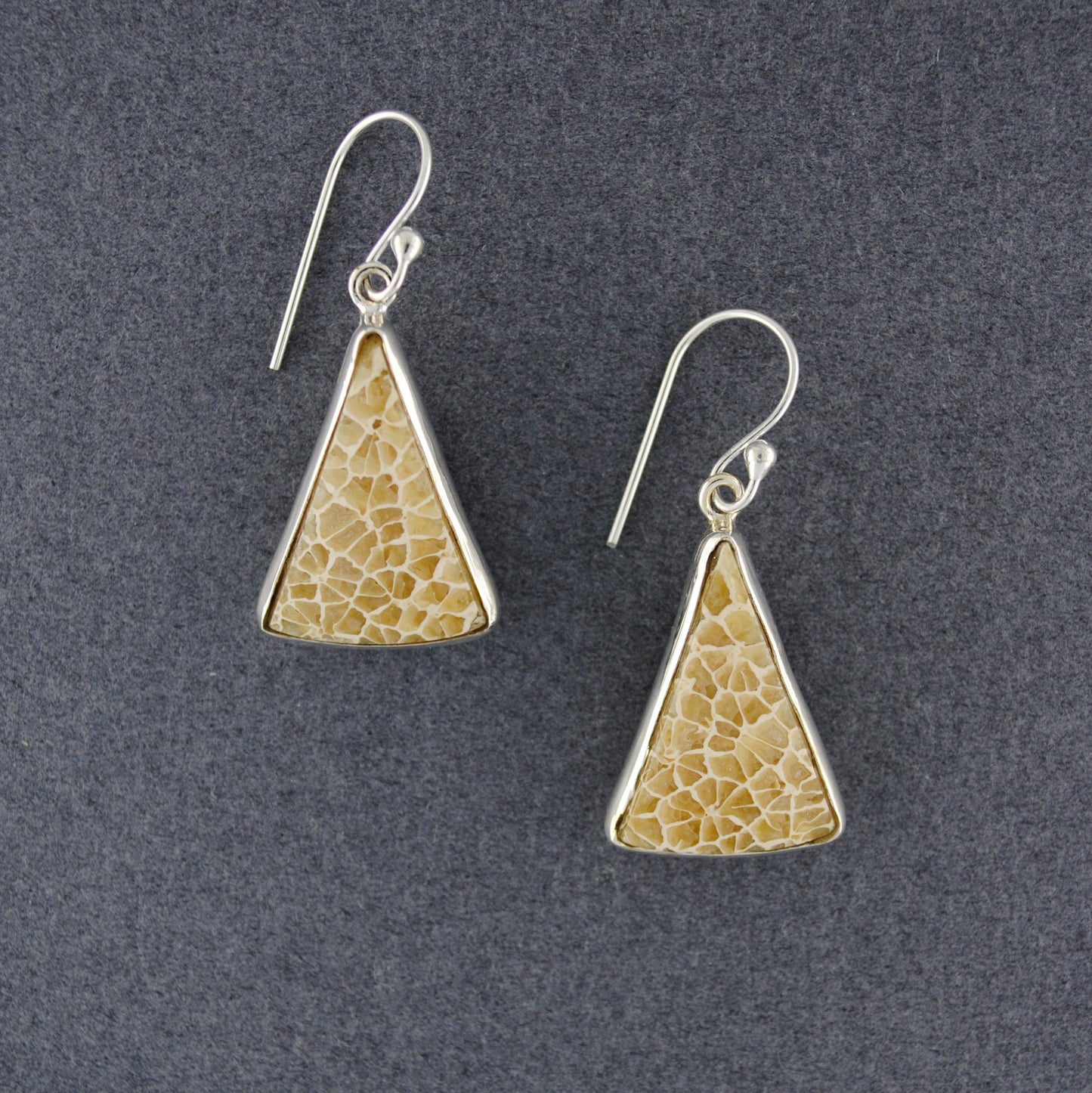 Sterling Silver Fossilized Coral Triangle Earrings