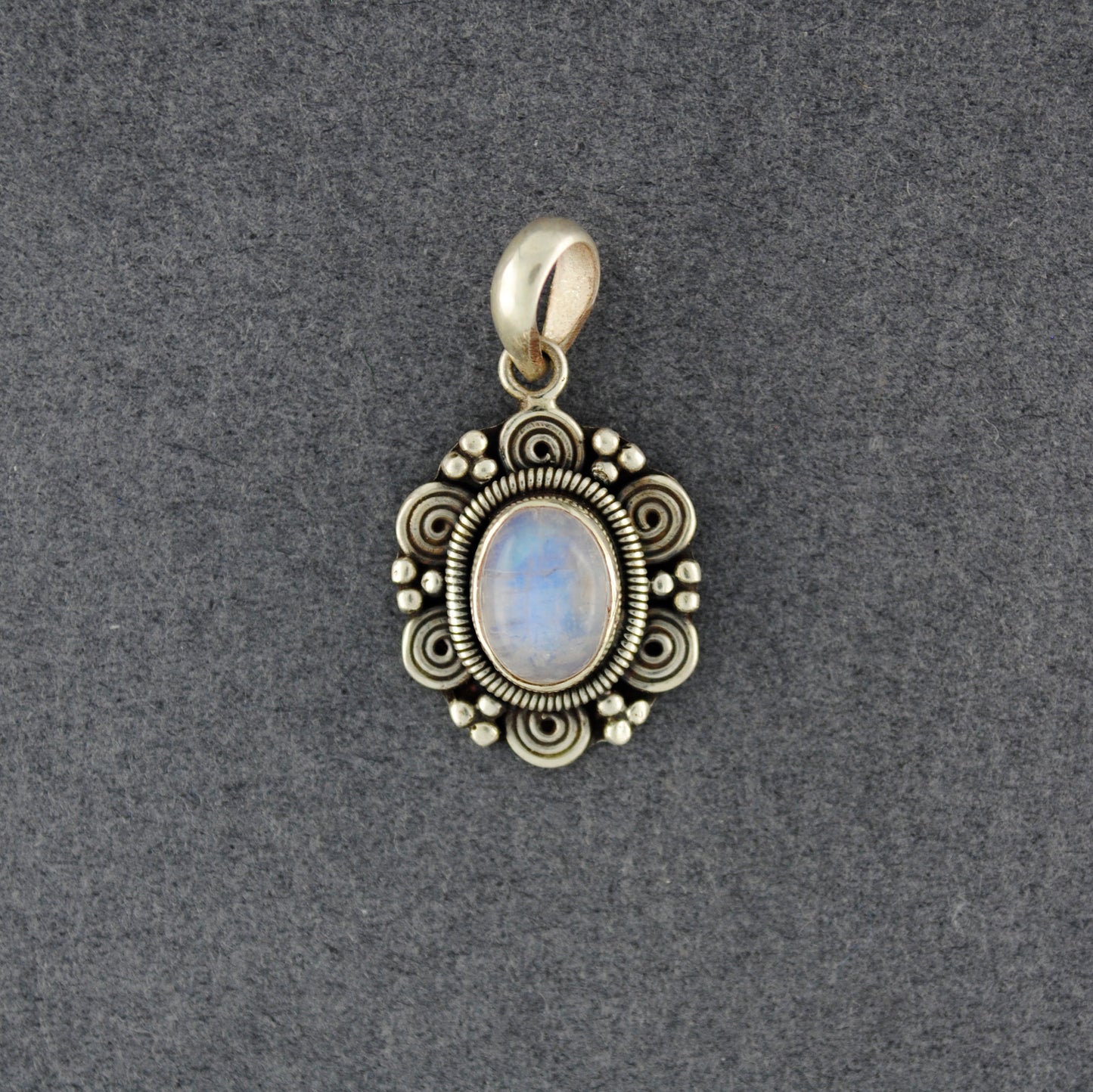Sterling Silver Oval Rainbow Moonstone Swirl Frame Pendant