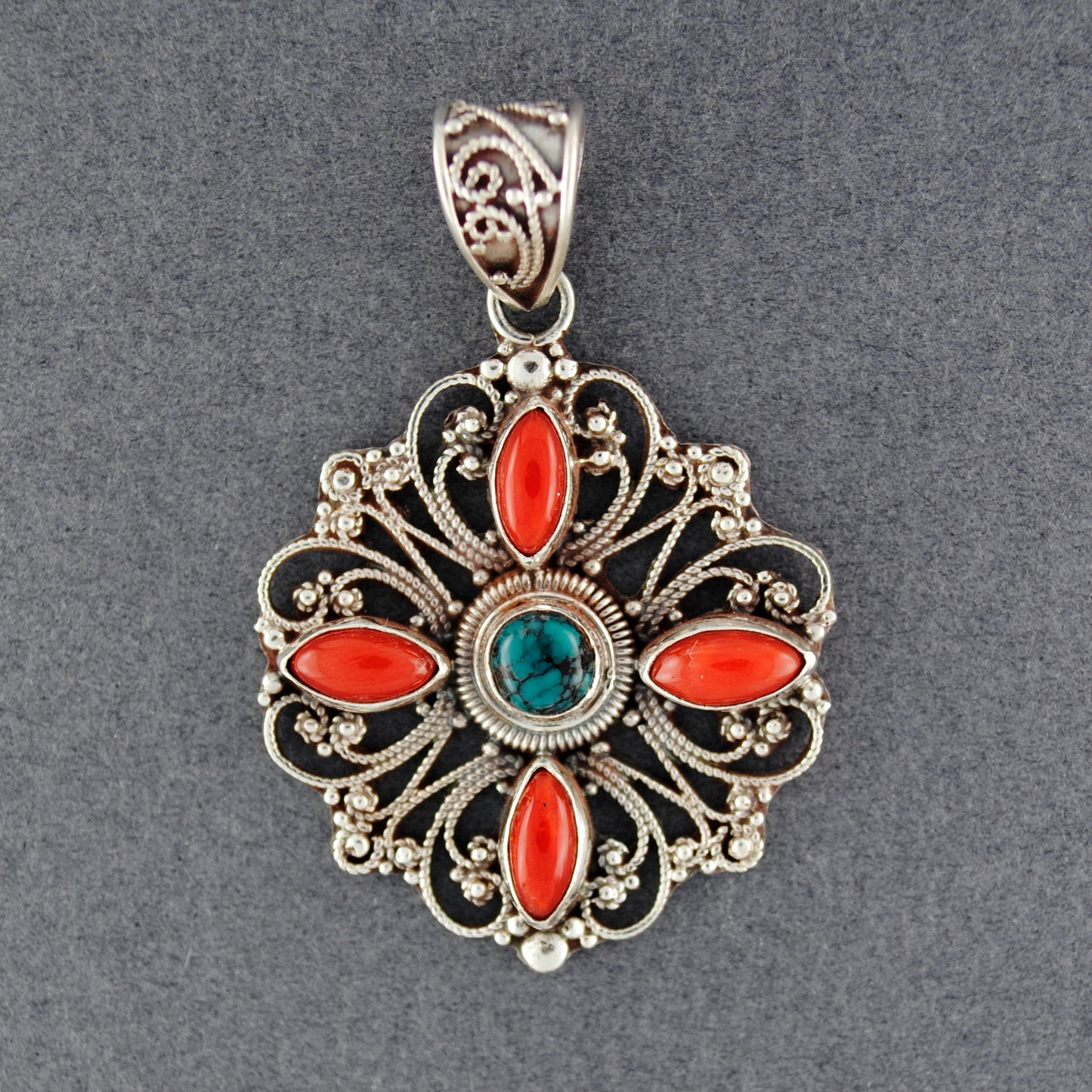 Sterling Silver Turquoise and Coral Medallion Pendant