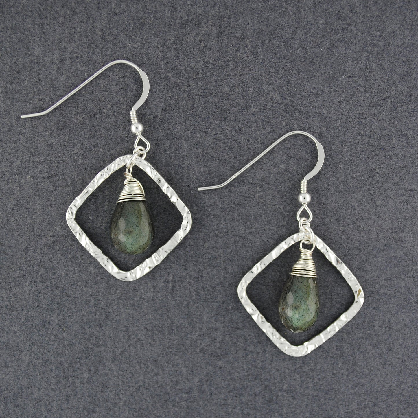 Sterling Silver Hammered Diamond Shape Labradorite Earrings