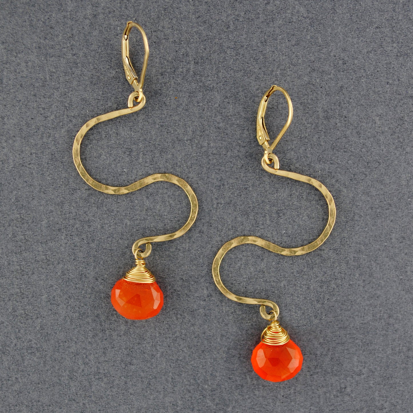 14K Gold Filled Hammered Zig Zag Carnelian Earrings