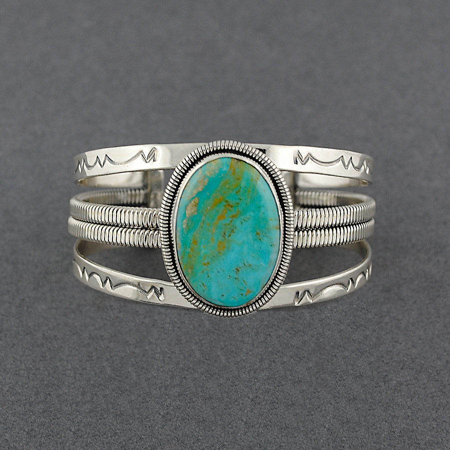 Sterling Silver Large Oval Turquoise Twist Detailed Cuff