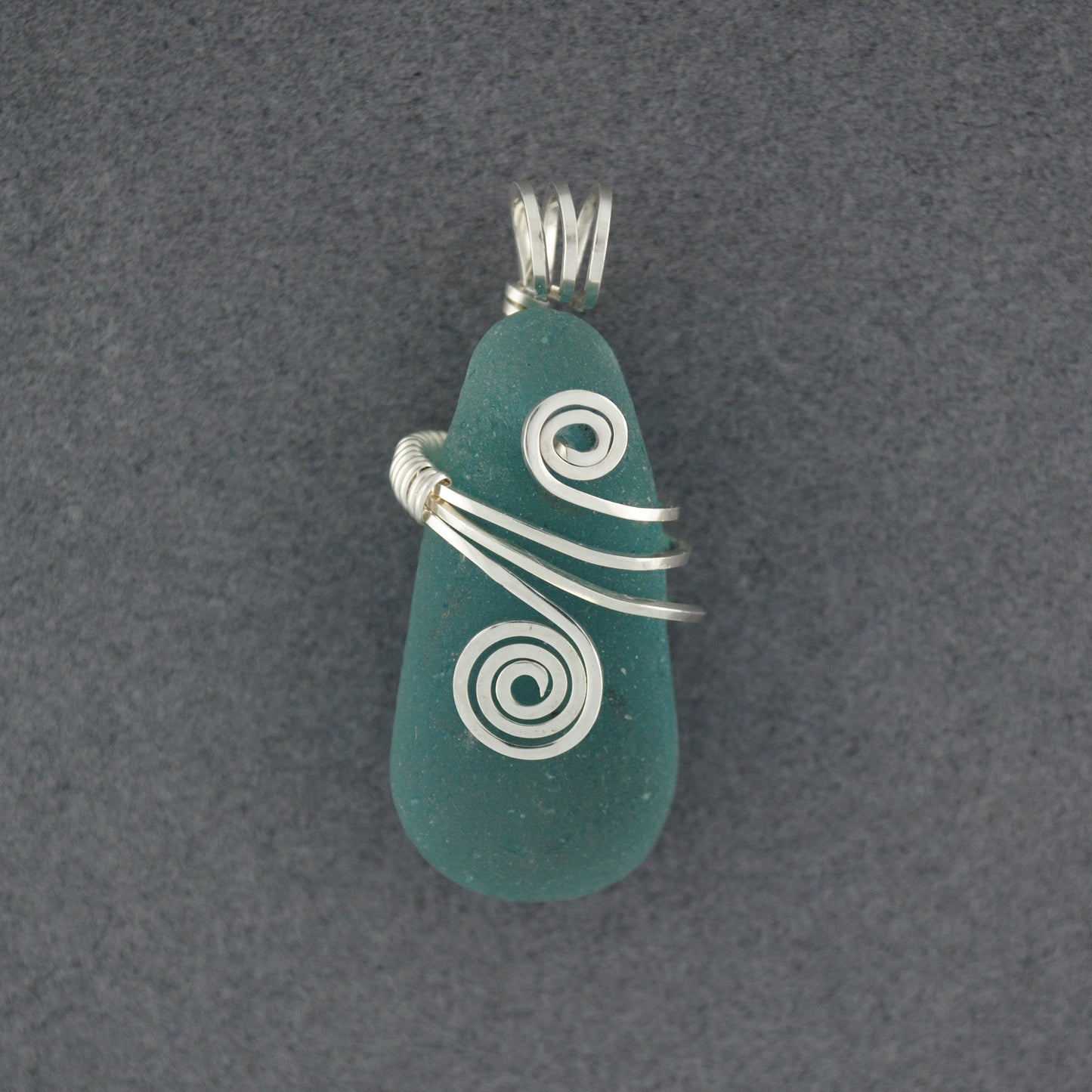 Sterling Silver Dark Aqua Sea Glass Rip Tide Pendant