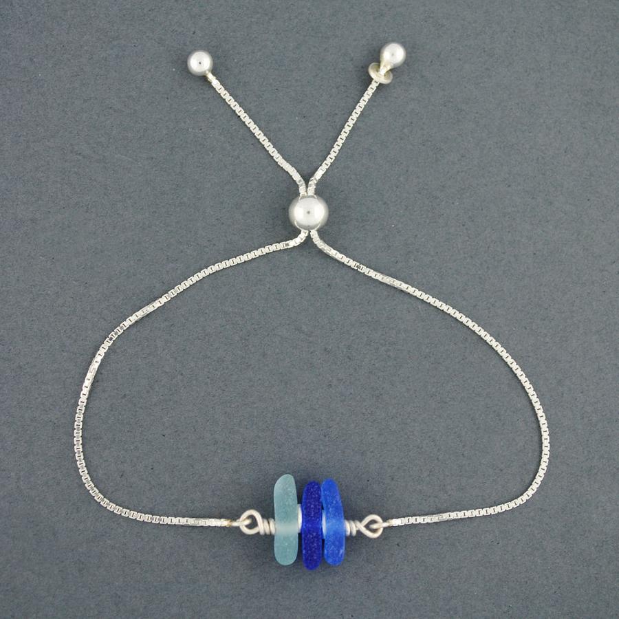 Sterling Silver Blues 3 Stone Sea Glass Adjustable Bracelet