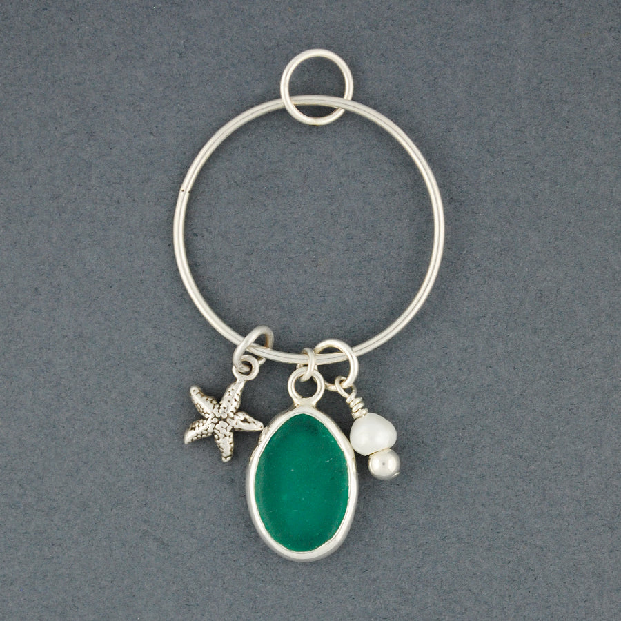 Sterling Silver Aqua Sea Glass Starfish and Pearl Charm Pendant