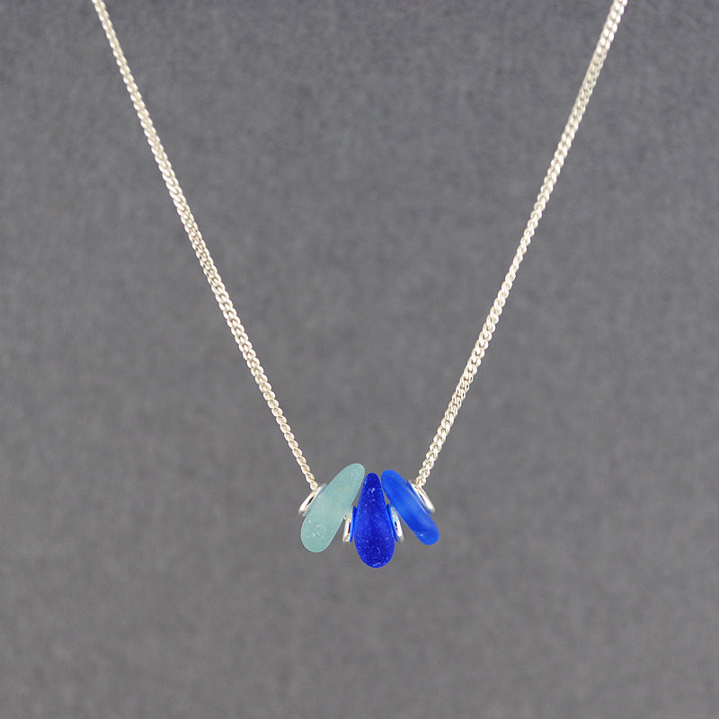 Sterling Silver Blues 3 Stone Sea Glass Necklace