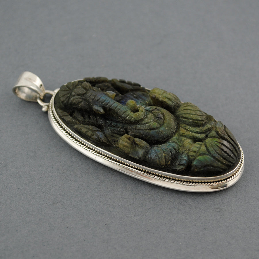 Sterling Silver Labradorite Long Carved Ganesh Pendant