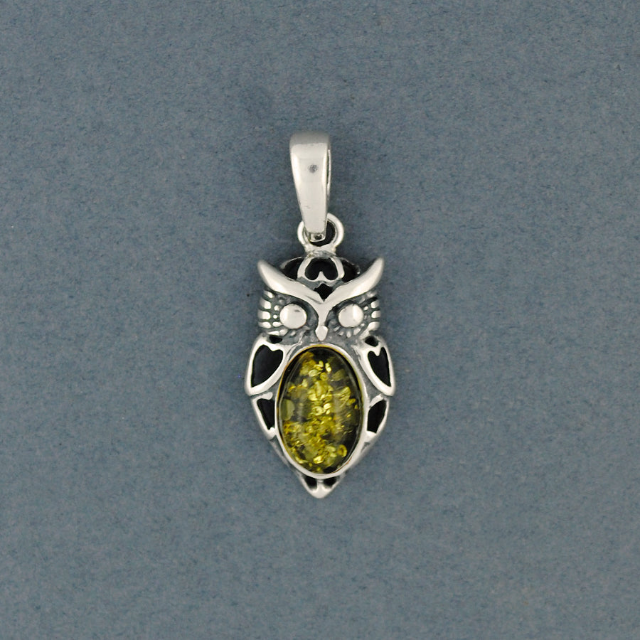 Green Amber Heart Owl Pendant