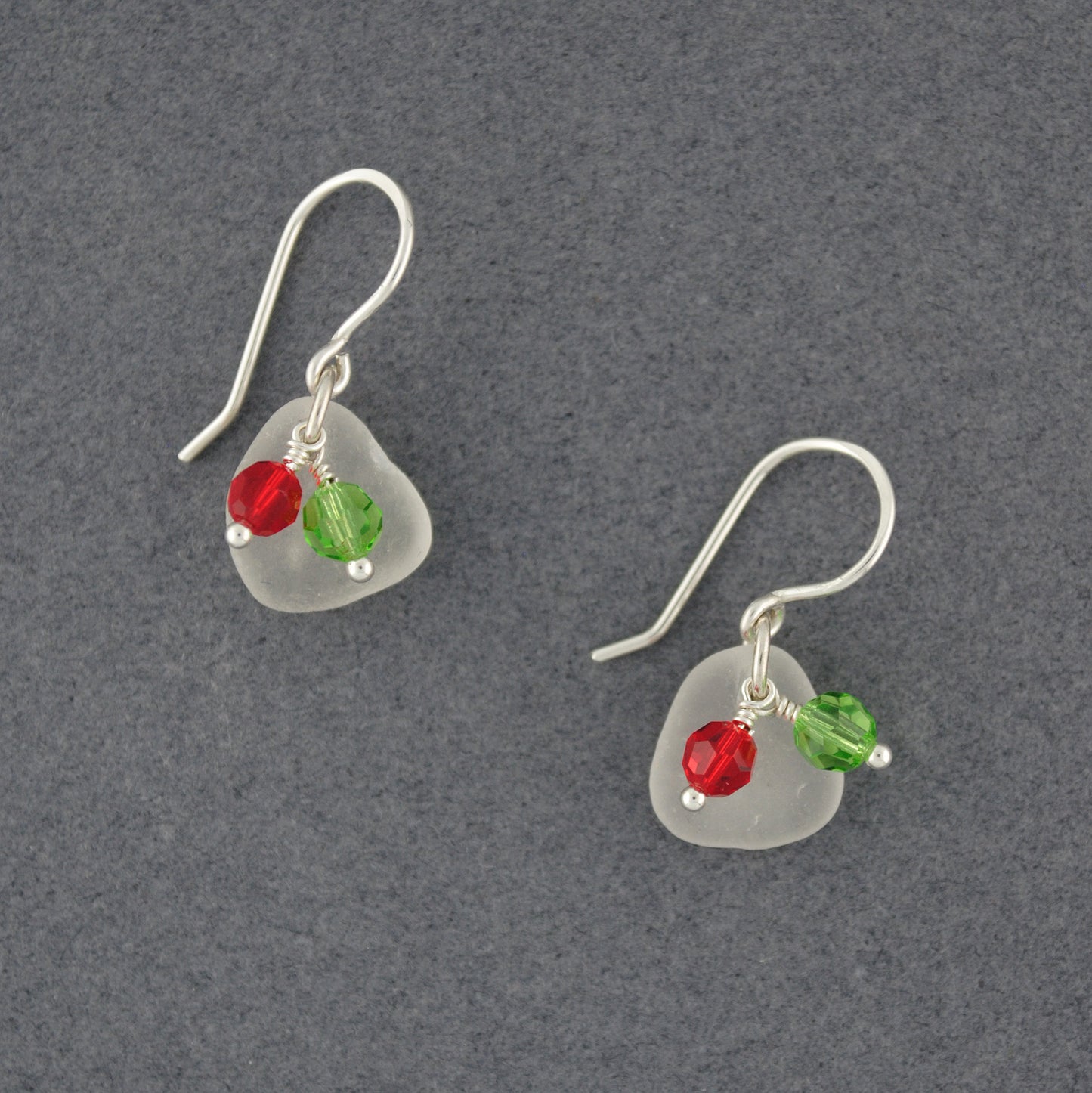 Red, White Sea Glass and Green Earrings