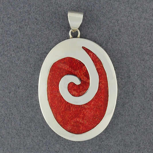 Coral Silver Oval Spiral Pendant