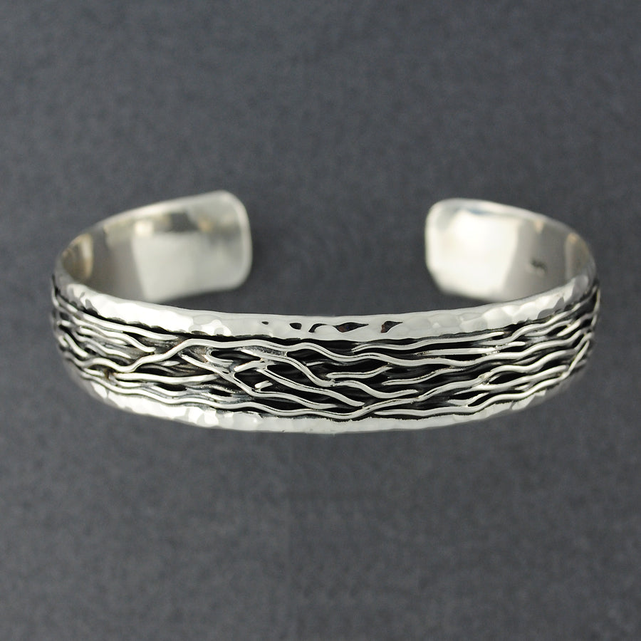Sterling Silver Hammered with Wavy Lines Cuff Bracelet