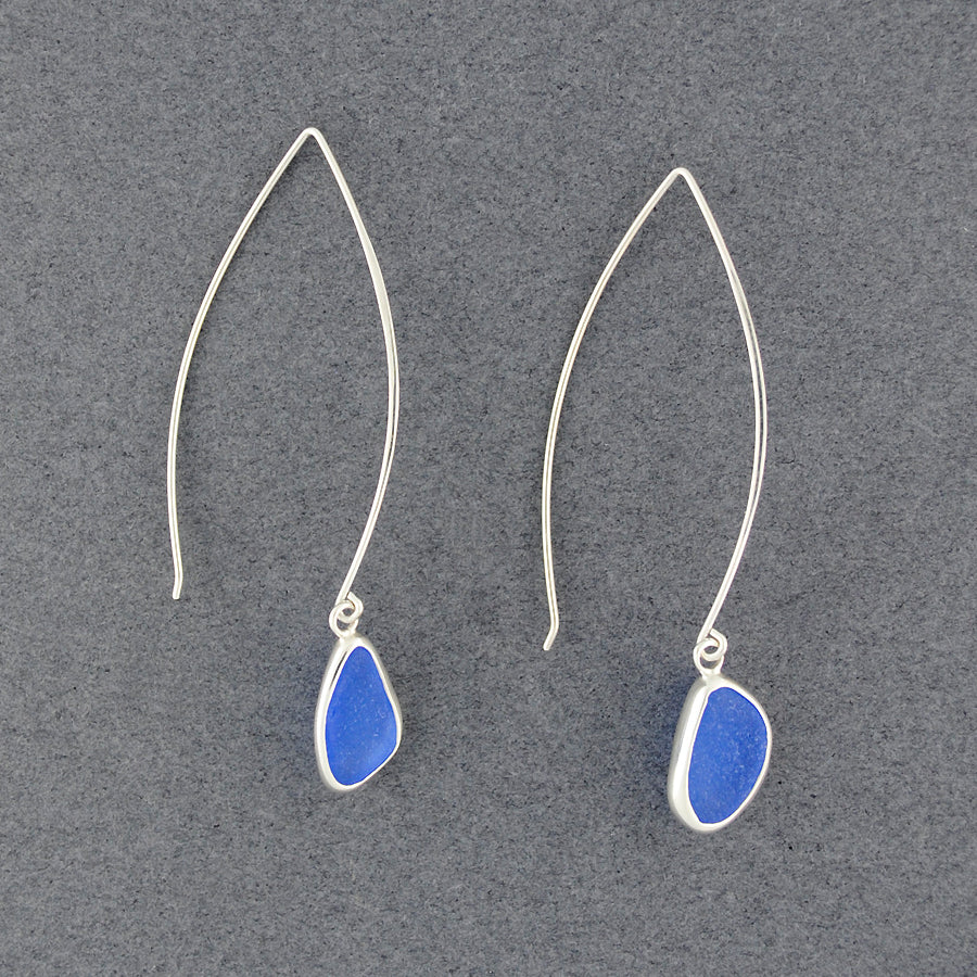 Sterling Silver Cornflower Sea Glass Long Drop Earrings