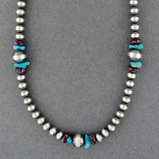 Sterling Silver Beaded Turquoise and Spiny Oyster Necklace