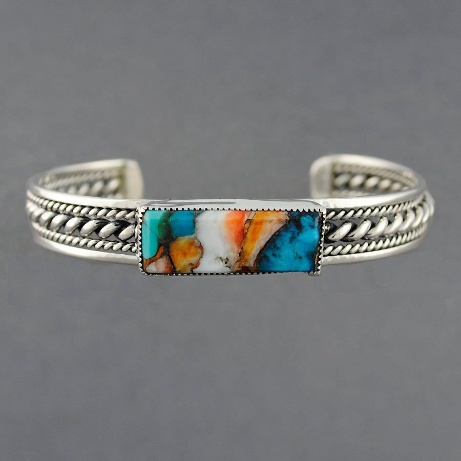Sterling Silver Orange Spiny Oyster And Turquoise Cuff Bracelet