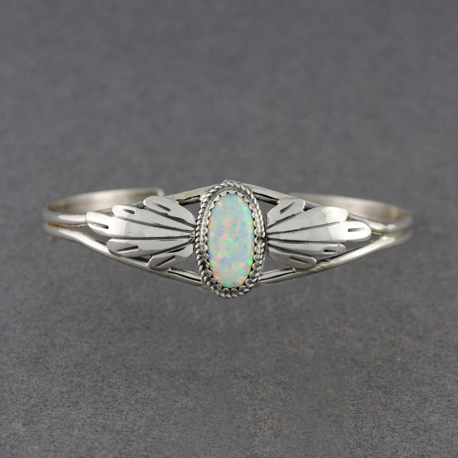 Sterling Silver White Opal With Flourish Cuff Bracelet