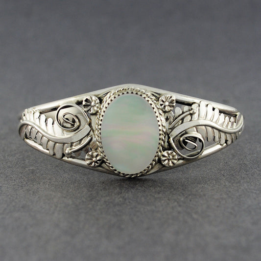 Sterling Silver Mother Of Pearl With Feather Furls Cuff Bracelet