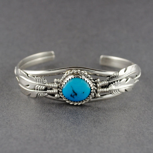 Sterling Silver Turquoise Circle With Feathers Cuff Bracelet