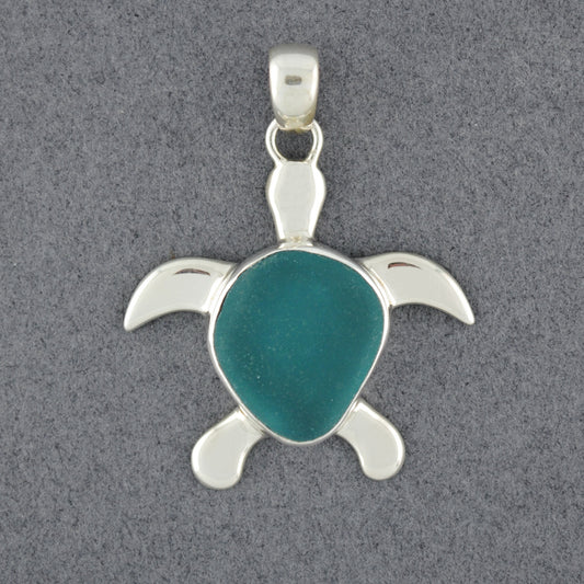 Sterling Silver Aqua Sea Glass Turtle Pendant