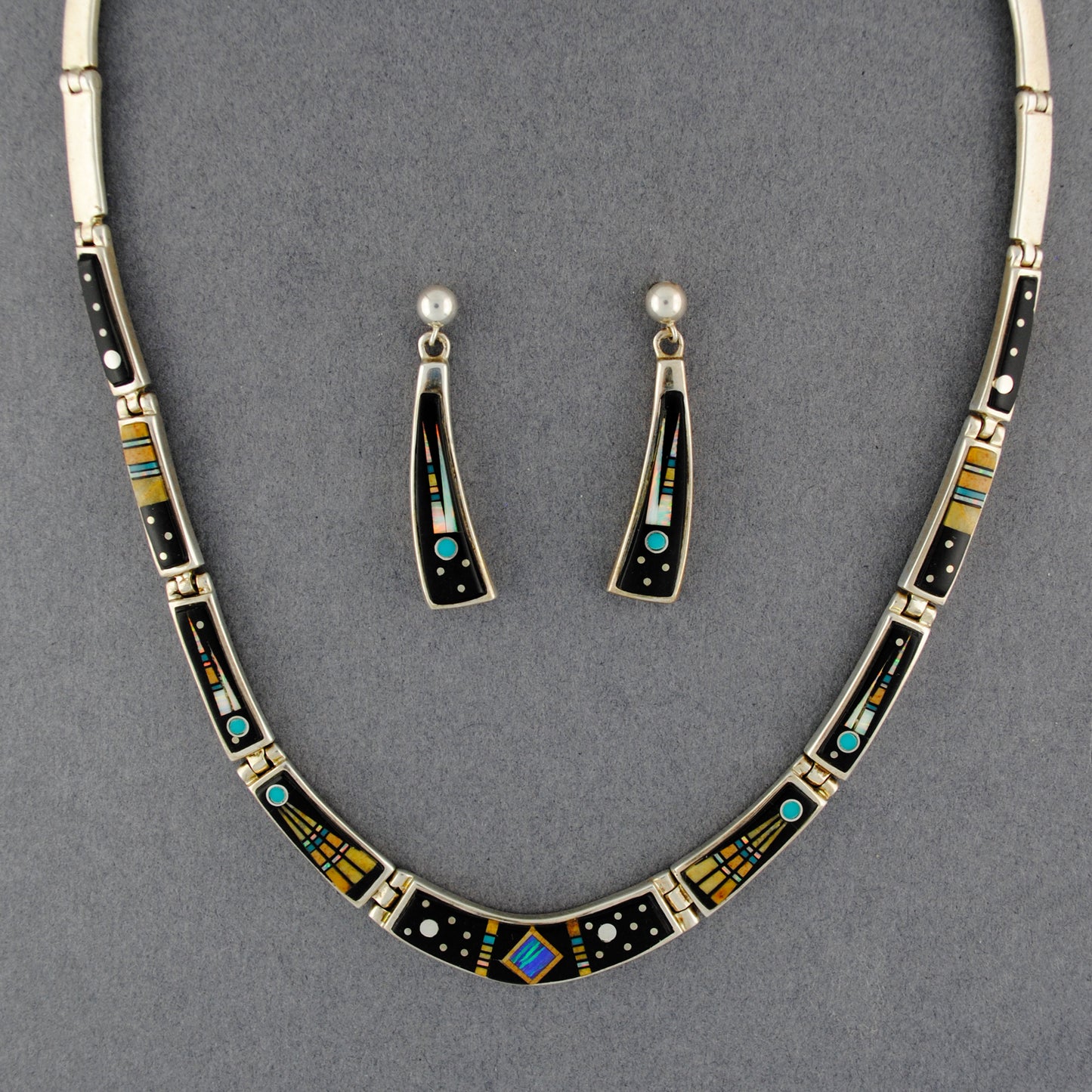 Navajo Onyx Opal & Turquoise Earring and Necklace Set