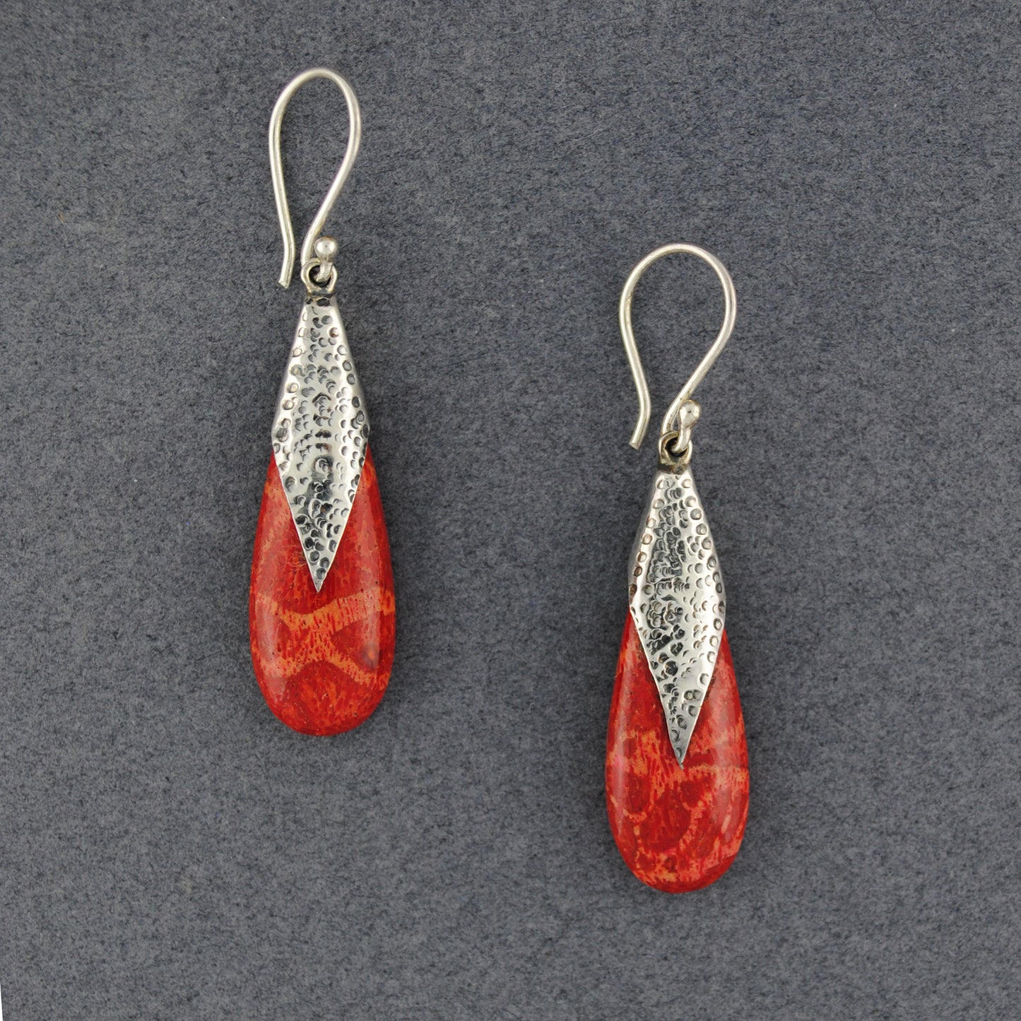 Coral Hammered Teardrop Earrings