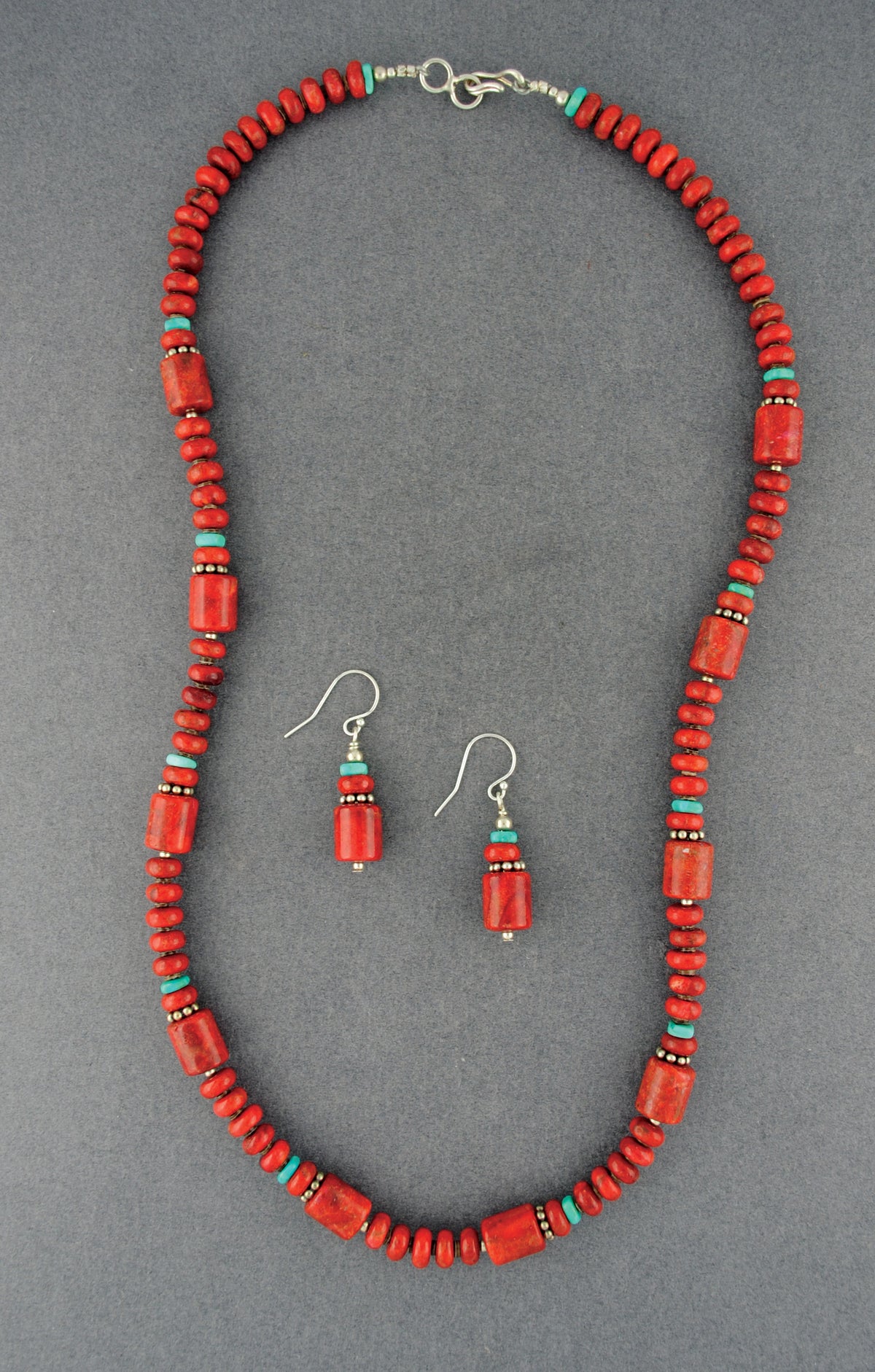 Navajo Coral & Turquoise Beaded Necklace & Earring Set