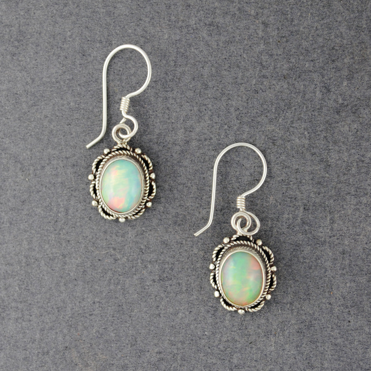 Sterling Silver Opal Ornate Oval Earrings