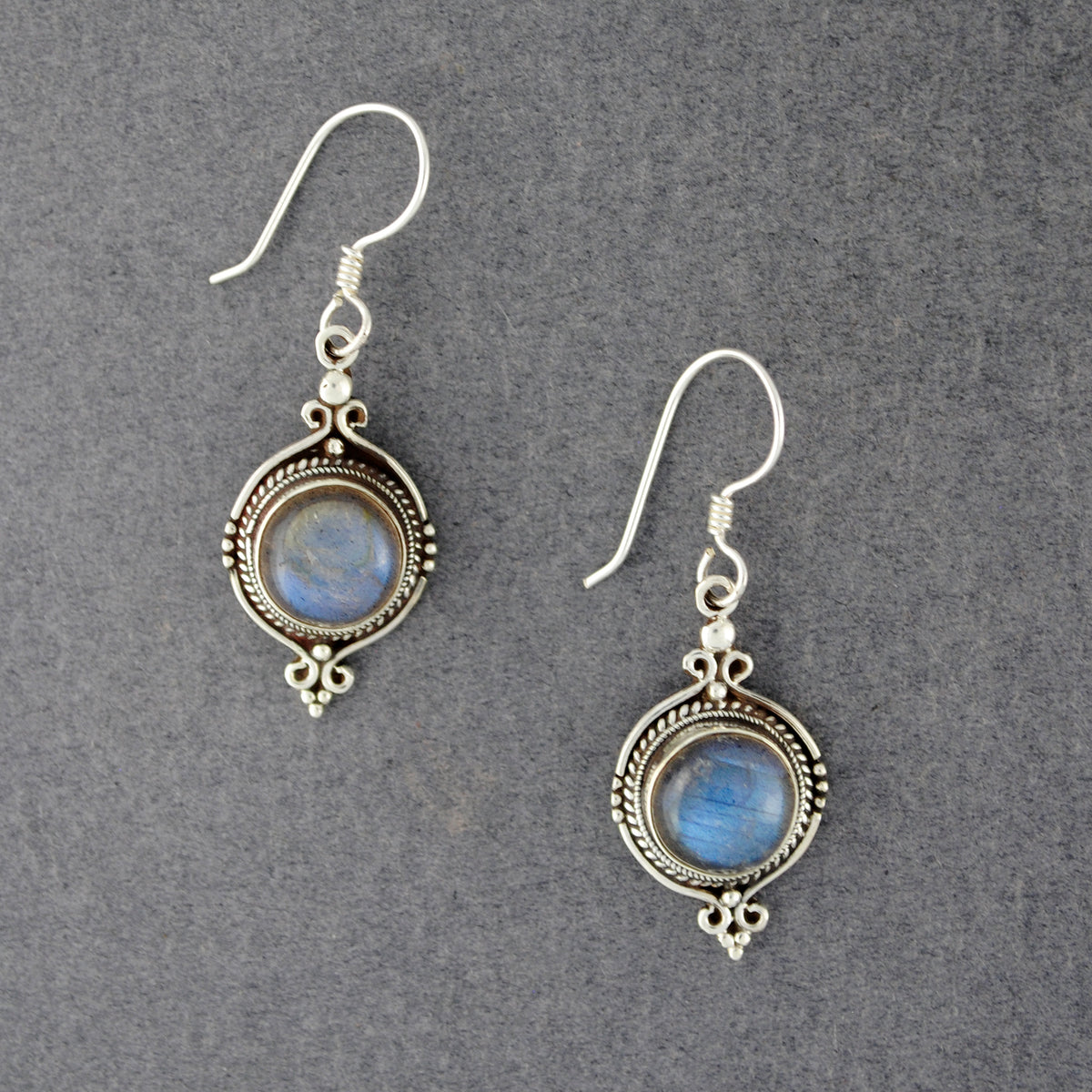 Sterling Silver Labradorite Ornate Circle Earrings