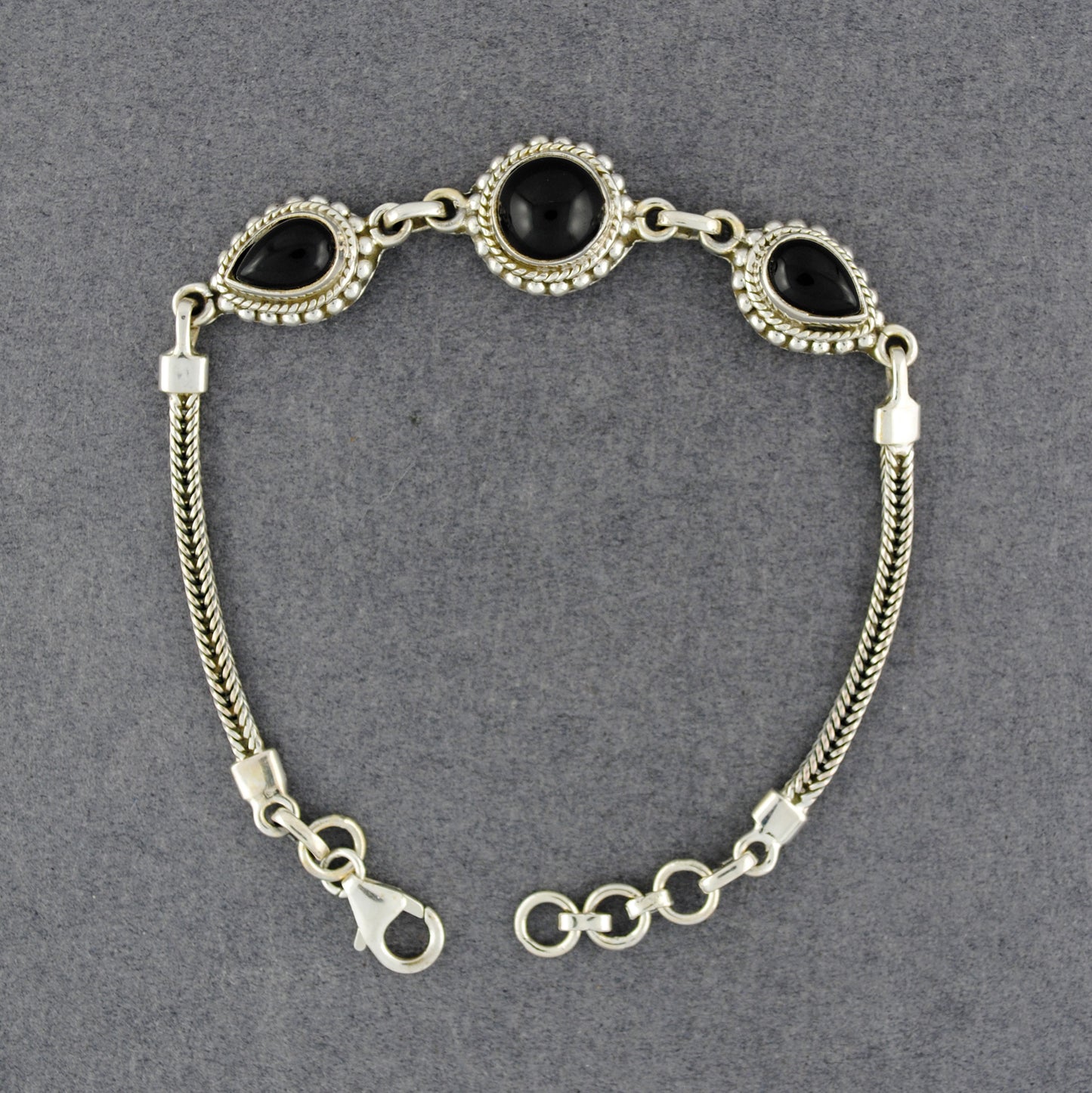 Sterling Silver Onyx 3 Stone Bracelet