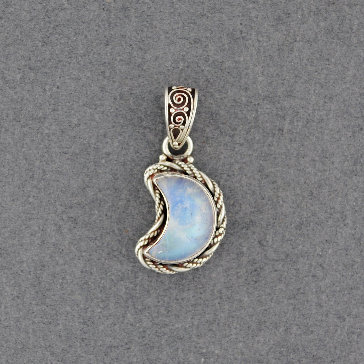 Sterling Silver Rainbow Moonstone Crescent Moon Pendant