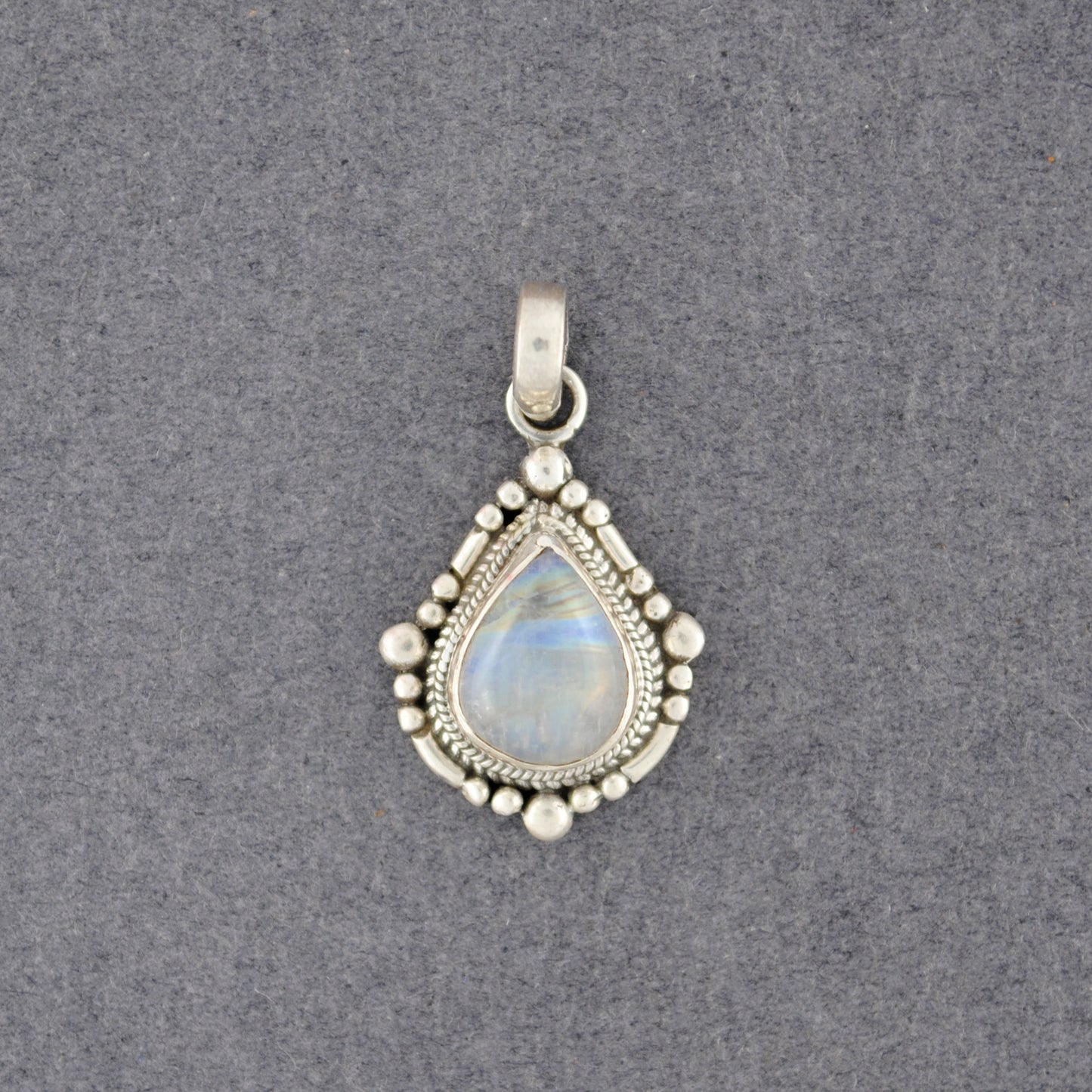 Sterling Silver Rainbow Moonstone Nepali Teardrop Pendant