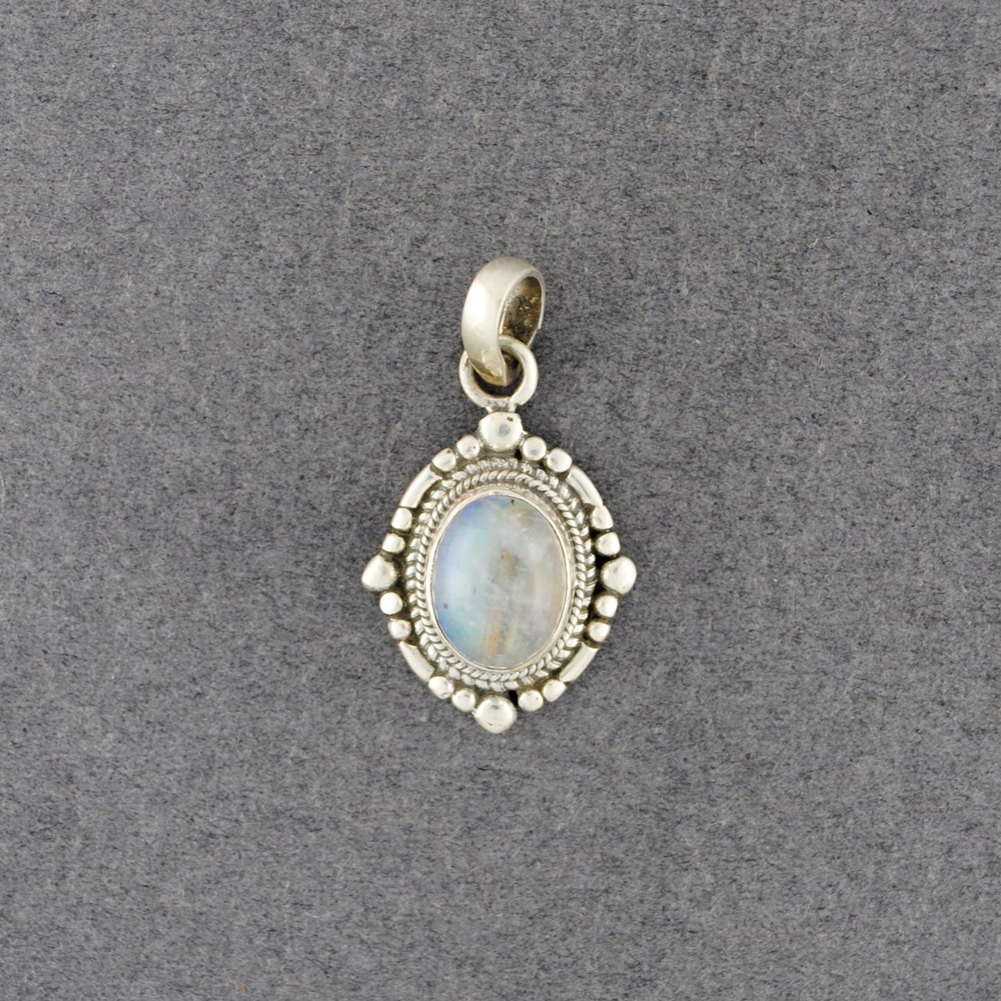 Sterling Silver Rainbow Moonstone Nepali Oval Pendant