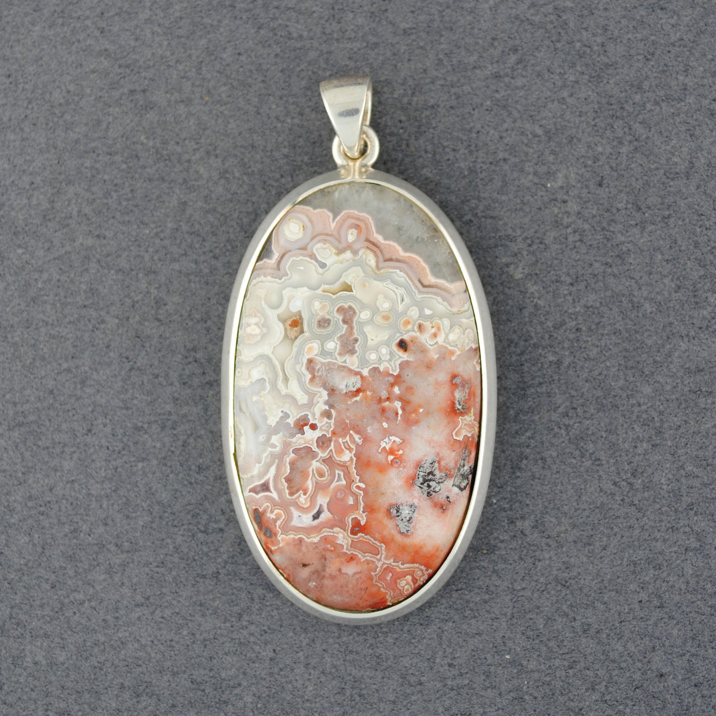 Sterling Silver Crazy Lace Agate Red & Pink Oval Pendant