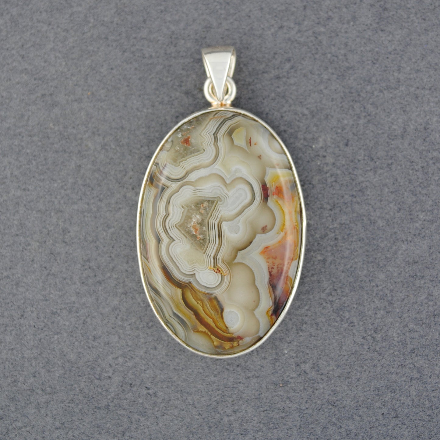 Sterling Silver Crazy Lace Agate White & Grey Oval Pendant