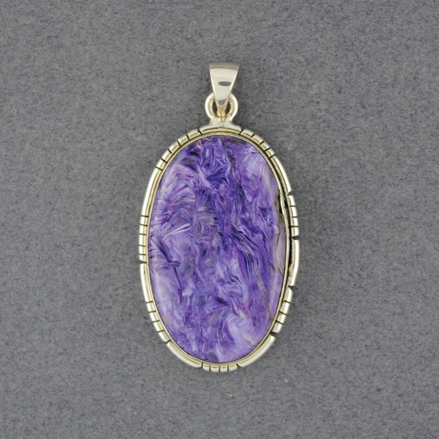 Sterling Silver Charoite Oval Detailed Bezel Pendant
