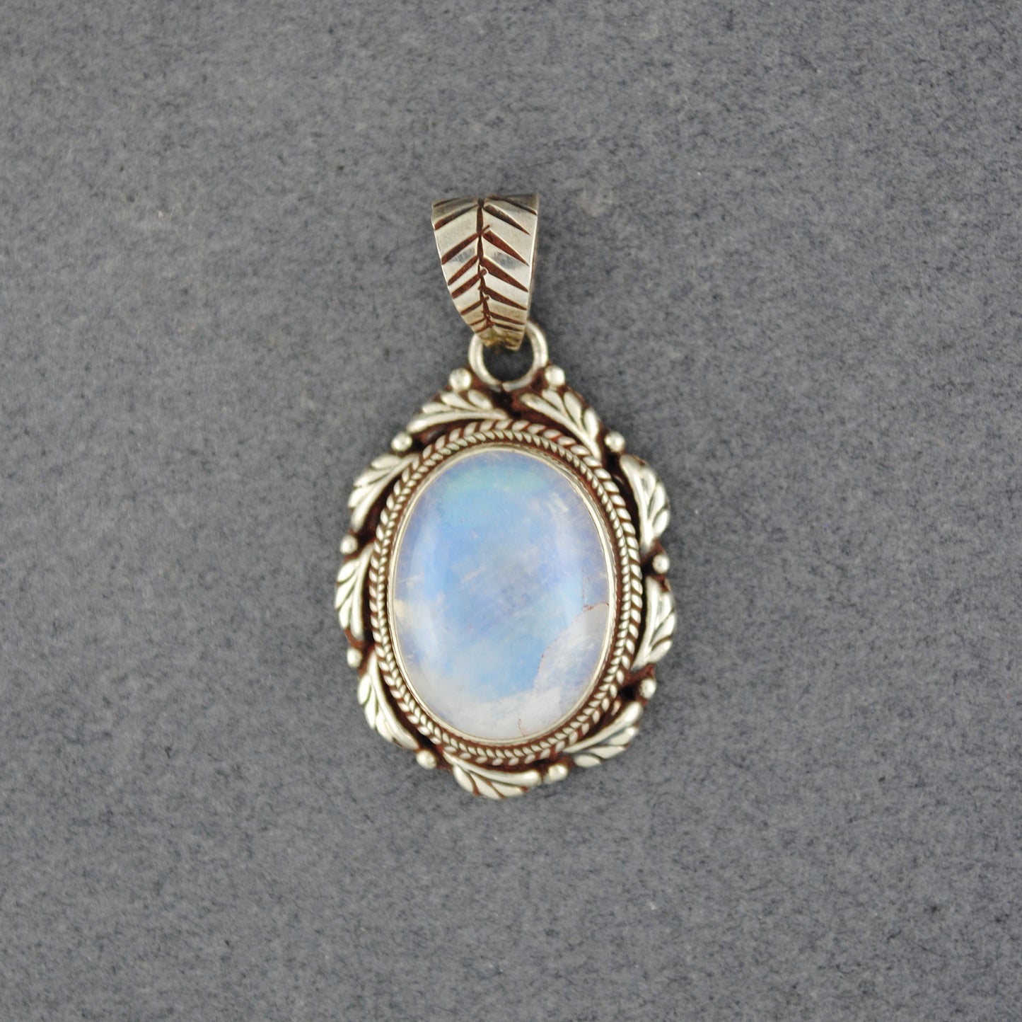 Sterling Silver Rainbow Moonstone Leaf Border Pendant