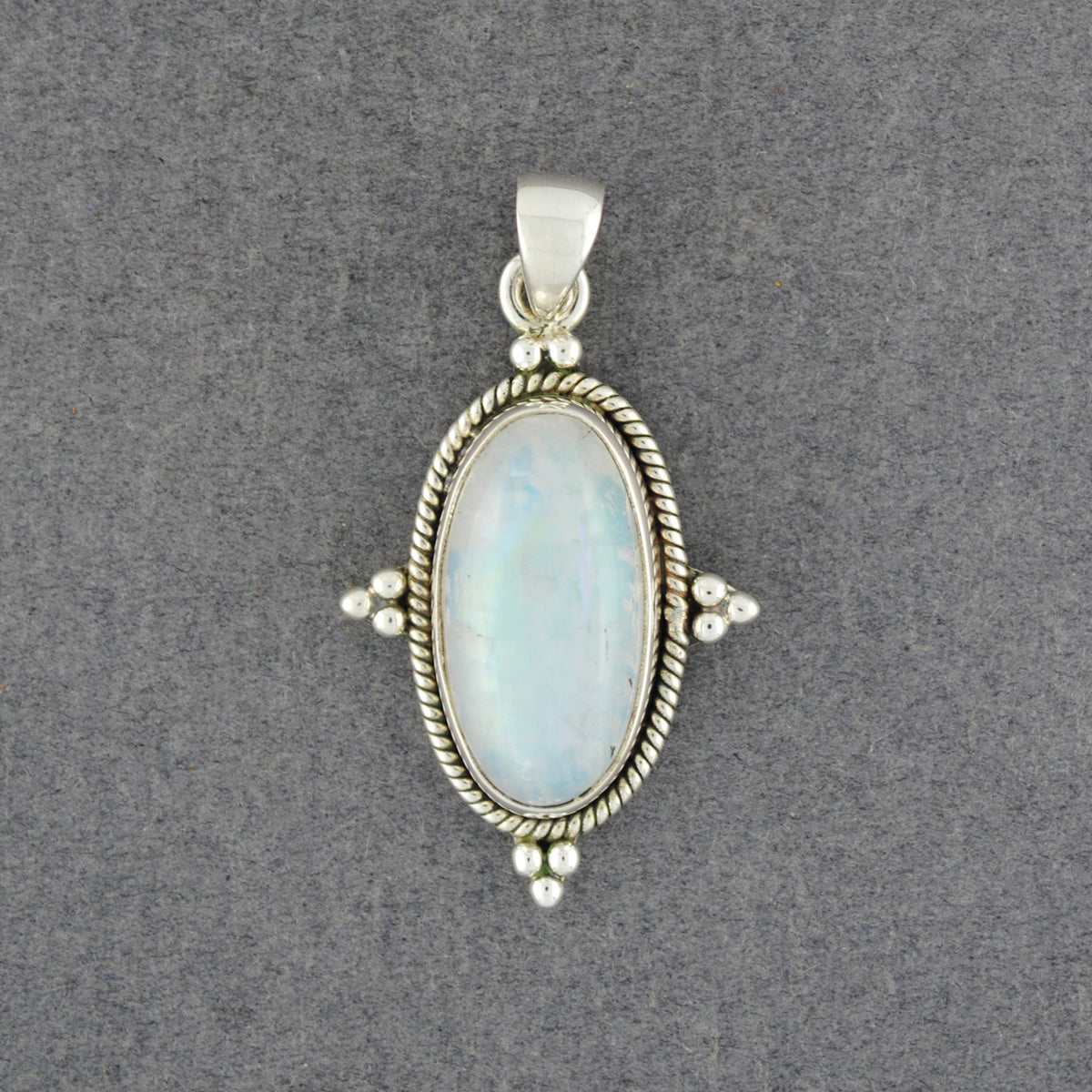 Sterling Silver Rainbow Moonstone Detailed Oval Pendant