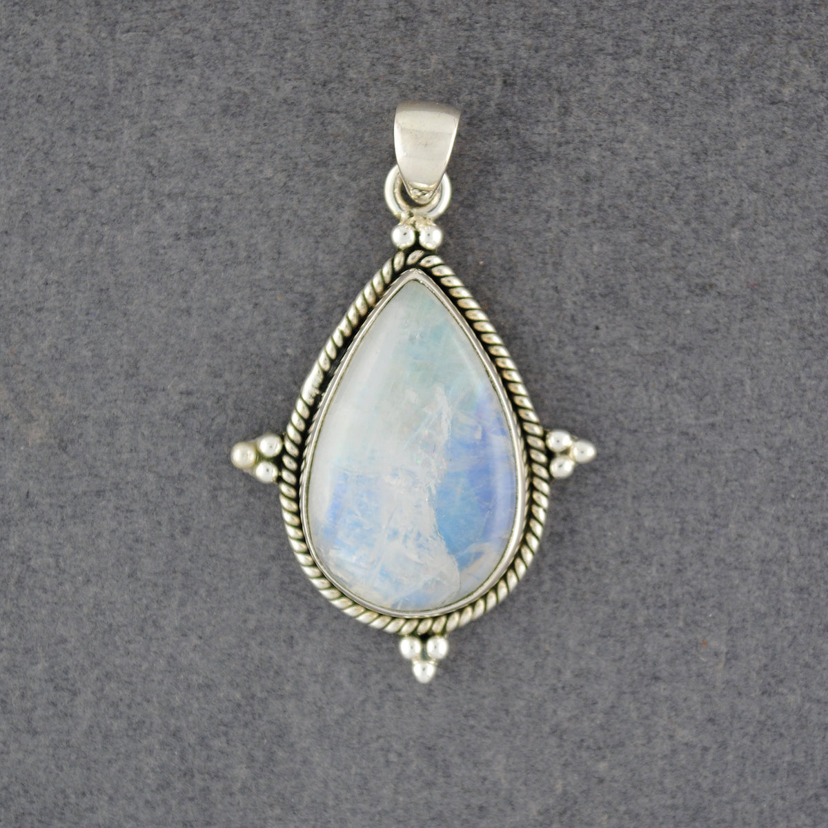 Sterling Silver Rainbow Moonstone Twist & Dots Teardrop Pendant