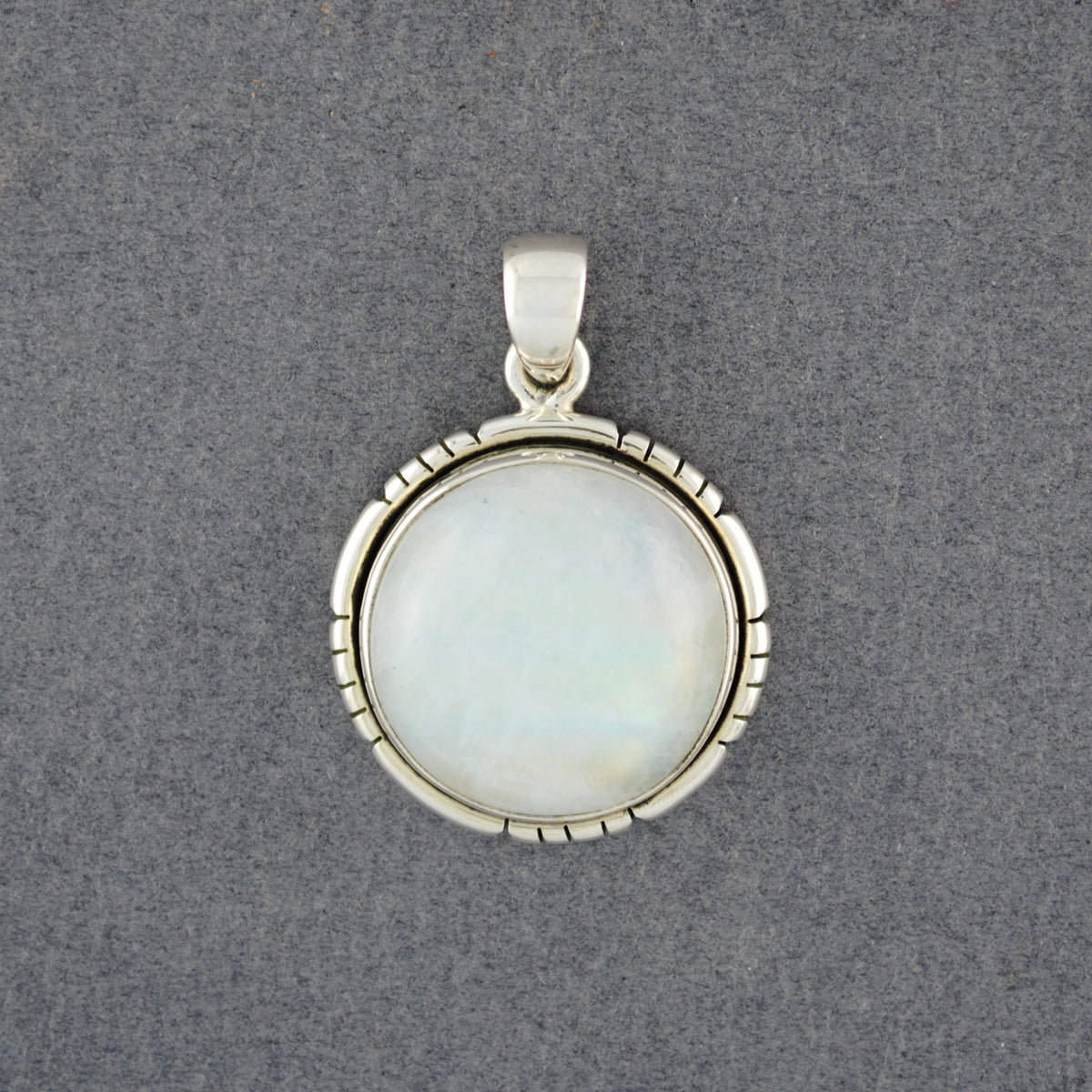 Sterling Silver Rainbow Moonstone Notched Circle Pendant