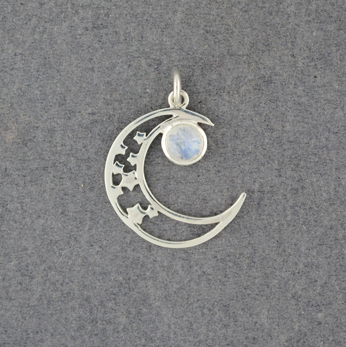 Sterling Silver Rainbow Moonstone Crescent Moon & Stars Pendant