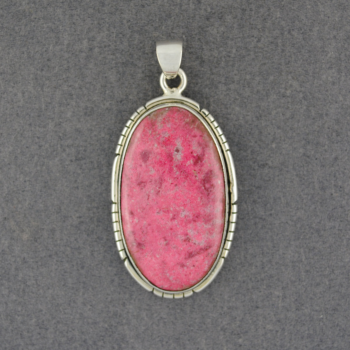 Sterling Silver Pink Thulite Large Notched Oval Pendant