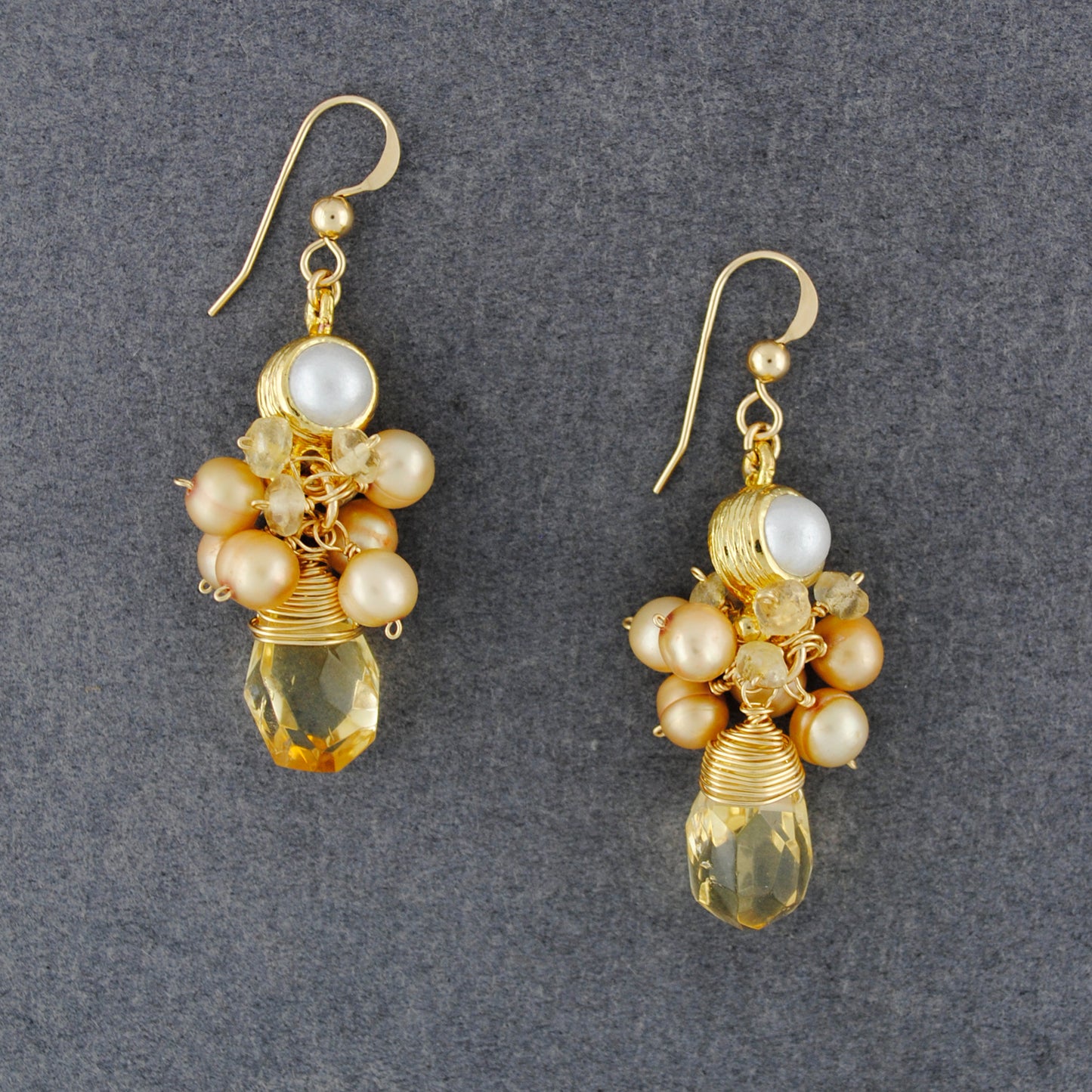 14K Gold Filled Pearl with Citrine Cluster Earrings