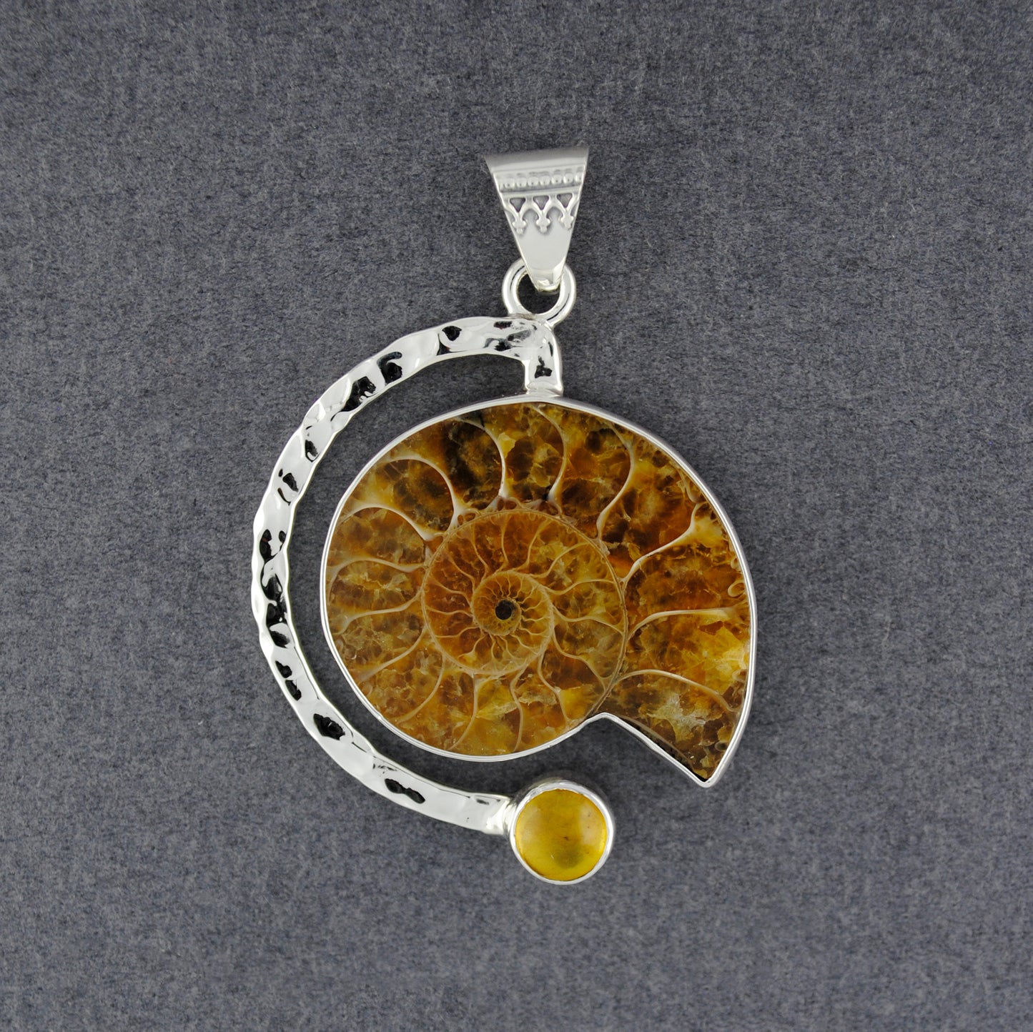 Ammonite & Amber Semi-Circle Pendant