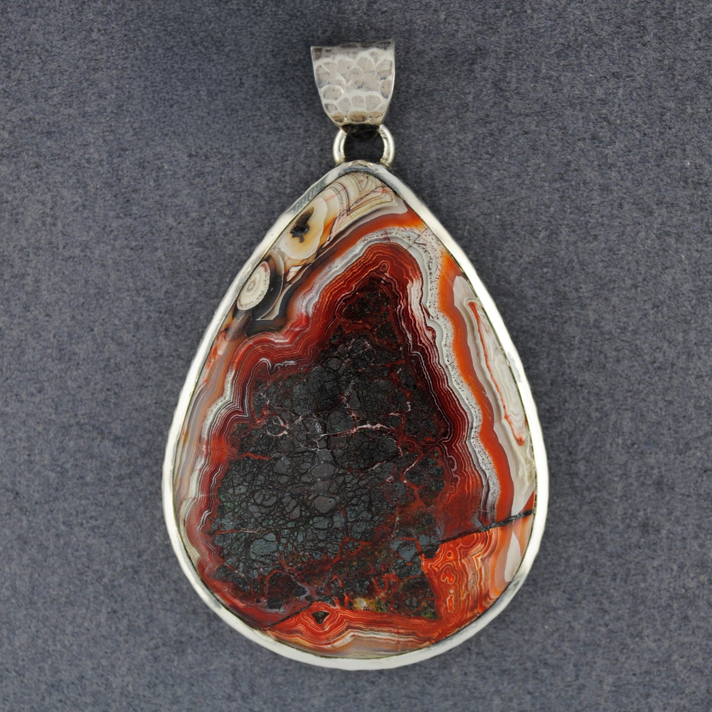 Sterling Silver Crazy Lace Agate Hammered Teardrop Pendant