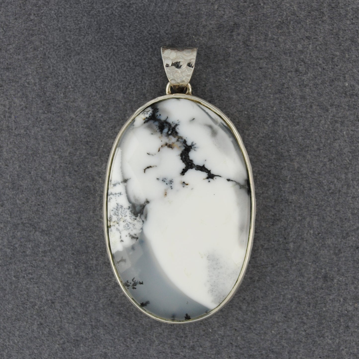 Sterling Silver Denderite Agate Hammered Oval Pendant
