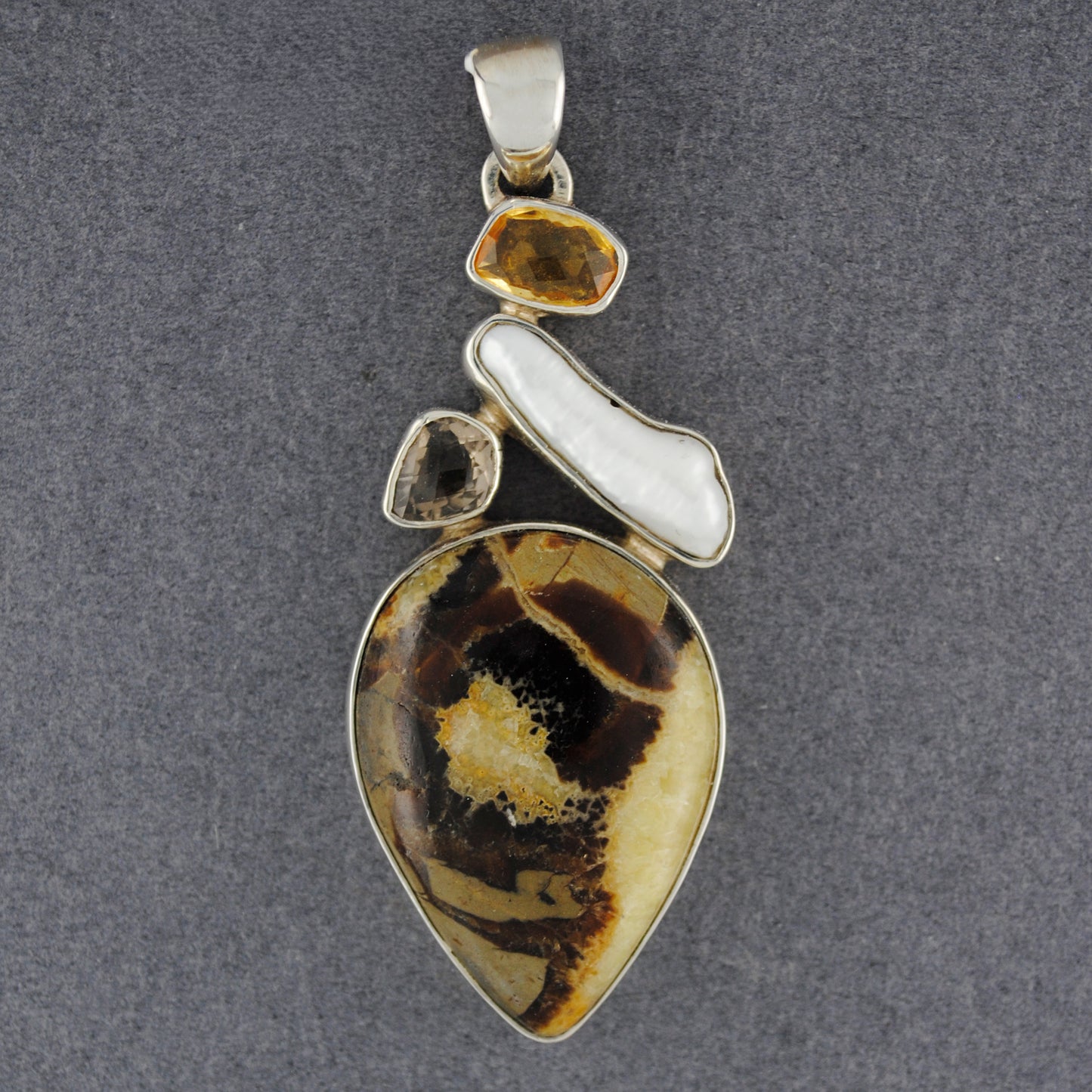 Sterling Silver Japsper, Pearl, Citrine and Smoky Quartz Pendant