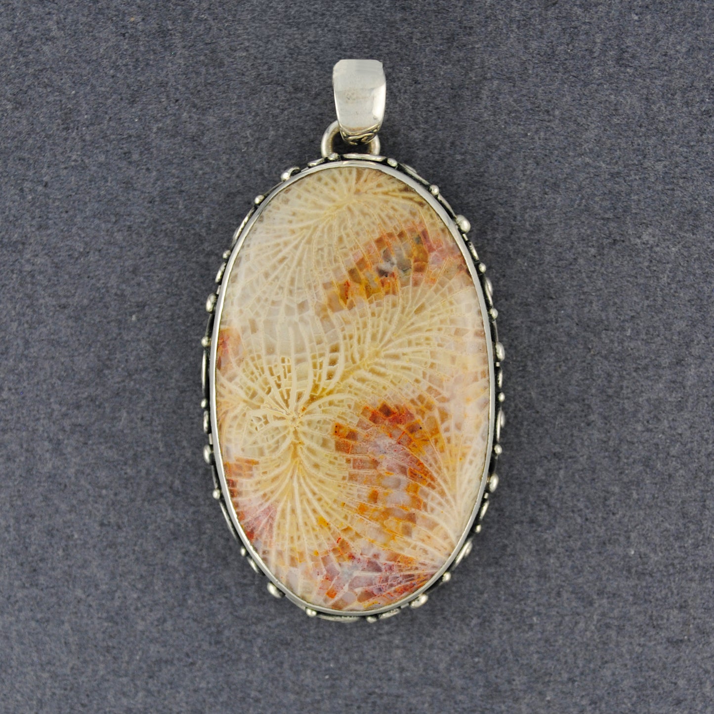 Sterling Silver Fossilized Coral Fancy Oval Pendant