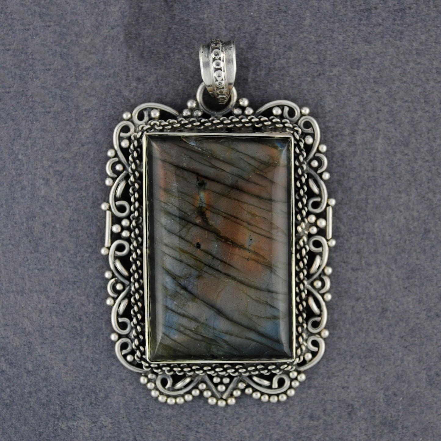 Sterling Silver Labradorite Fancy Rectangle Pendant