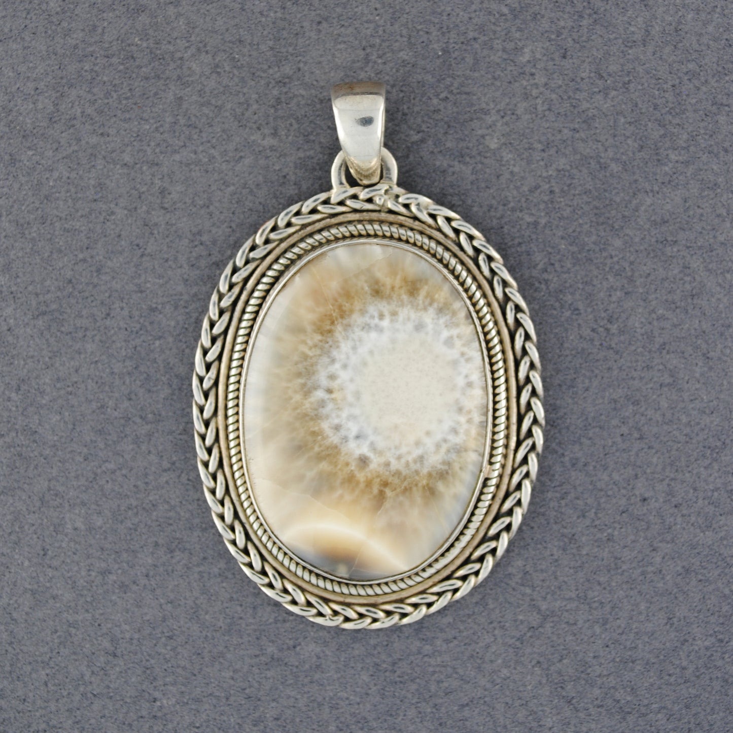 Sterling Silver Fossilized Coral Braided Oval Pendant